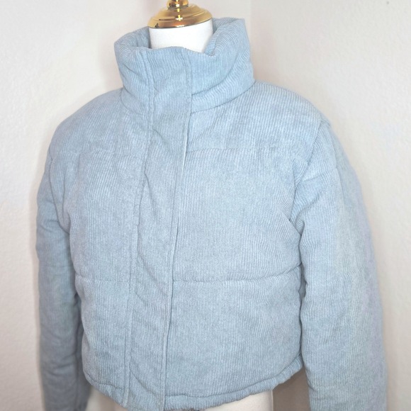Sky Blue Corduroy Cropped Puffer Jacket Women's Size L - Picture 2 of 15
